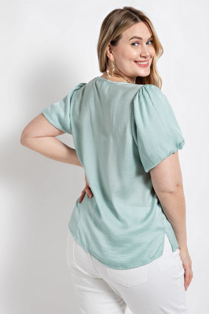 Satin Top With Ruffle Yoke And Puff Sleeves - Tigbul's Variety Fashion Shop