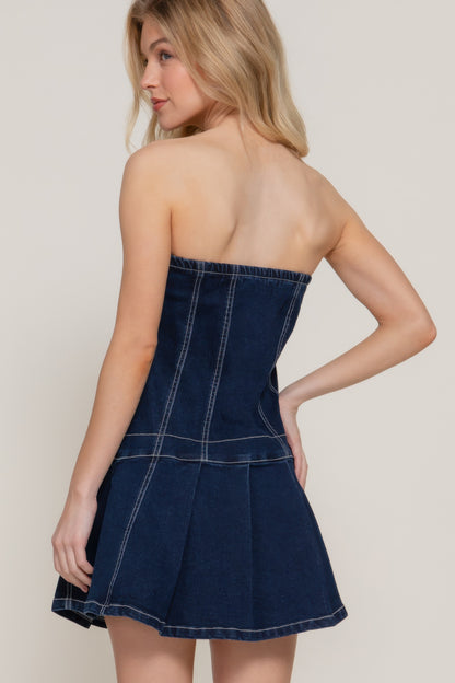Strapless Stretch Denim Mini Pleats Dress - Tigbul's Variety Fashion Shop