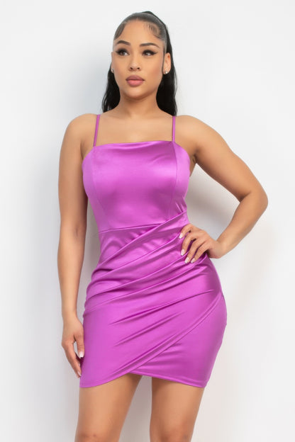 Overlapping Hem Shirred Satin Dress - Tigbul's Variety Fashion Shop