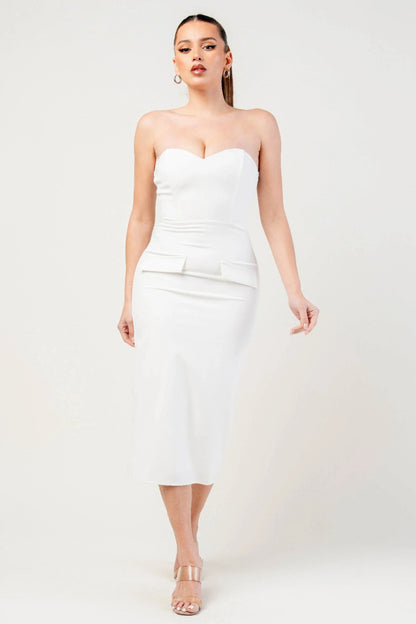 Thick Stretch Woven Sweetheart Neck Tube Midi Dress With Pocket Flap - Tigbul's Variety Fashion Shop