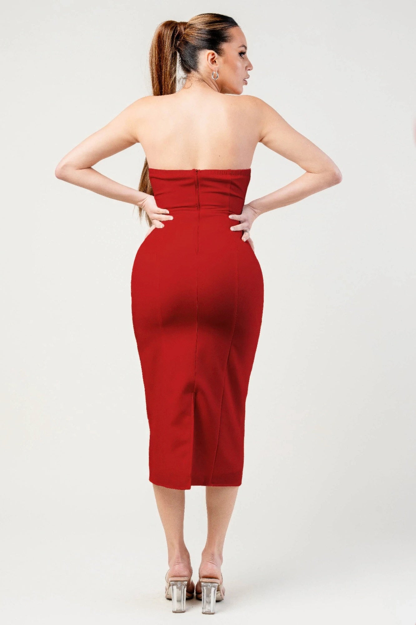 Thick Stretch Woven Sweetheart Neck Tube Midi Dress With Pocket Flap - Tigbul's Variety Fashion Shop