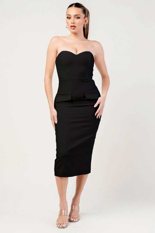 Thick Stretch Woven Sweetheart Neck Tube Midi Dress With Pocket Flap - Tigbul's Variety Fashion Shop