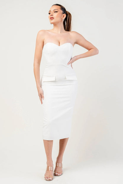 Thick Stretch Woven Sweetheart Neck Tube Midi Dress With Pocket Flap - Tigbul's Variety Fashion Shop