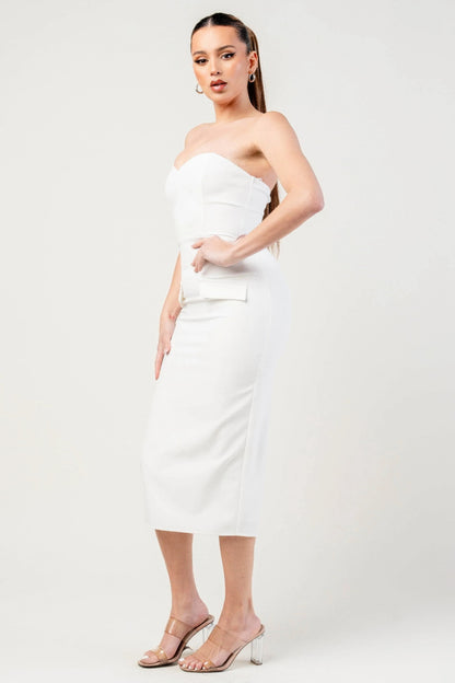 Thick Stretch Woven Sweetheart Neck Tube Midi Dress With Pocket Flap - Tigbul's Variety Fashion Shop