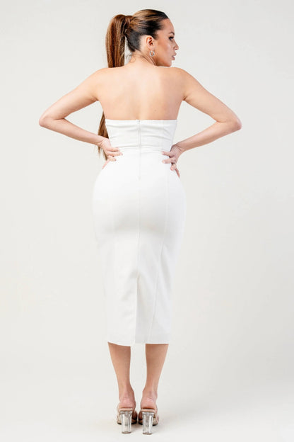 Thick Stretch Woven Sweetheart Neck Tube Midi Dress With Pocket Flap - Tigbul's Variety Fashion Shop