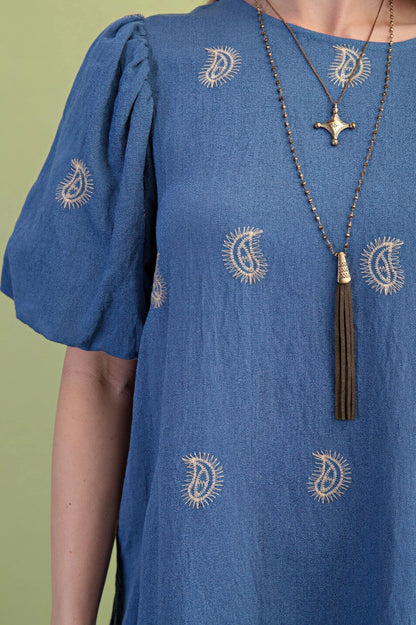 Paisley Embroidered Round Neck Mini Dress With Short Puff Sleeves - Tigbul's Variety Fashion Shop