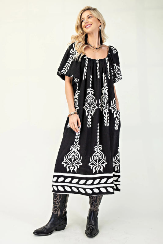 Printed Midi Dress With Short Puff Sleeves - Tigbul's Variety Fashion Shop