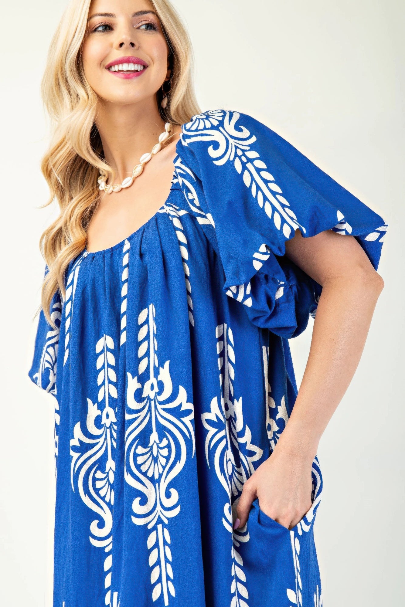 Printed Midi Dress With Short Puff Sleeves - Tigbul's Variety Fashion Shop
