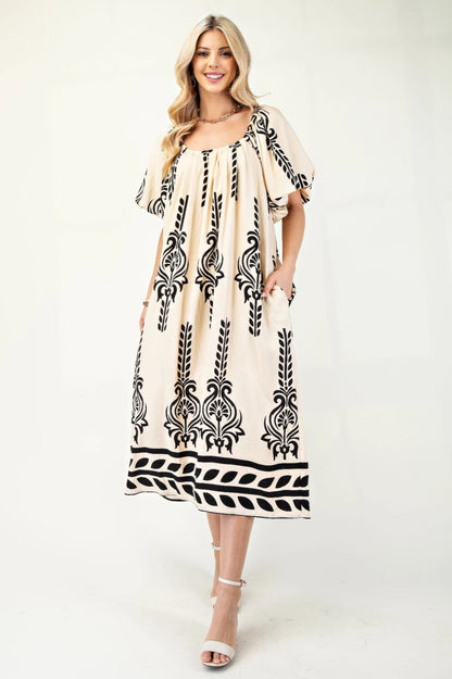 Printed Midi Dress With Short Puff Sleeves - Tigbul's Variety Fashion Shop