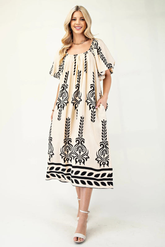 Printed Midi Dress With Short Puff Sleeves - Tigbul's Variety Fashion Shop