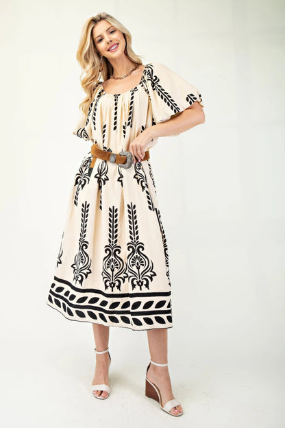 Printed Midi Dress With Short Puff Sleeves - Tigbul's Variety Fashion Shop