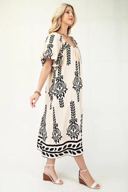 Printed Midi Dress With Short Puff Sleeves - Tigbul's Variety Fashion Shop