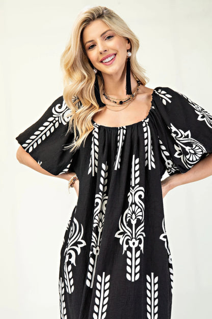 Printed Midi Dress With Short Puff Sleeves - Tigbul's Variety Fashion Shop