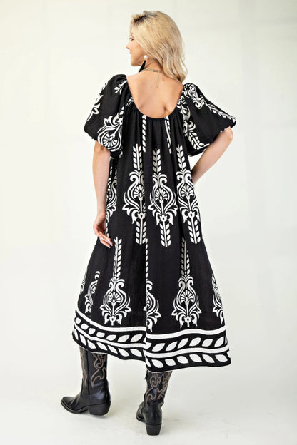 Printed Midi Dress With Short Puff Sleeves - Tigbul's Variety Fashion Shop