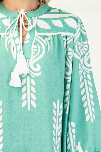 Printed 3/4 Sleeve Dress With Tassel Tie And Fringe Detail On Hem - Tigbul's Variety Fashion Shop