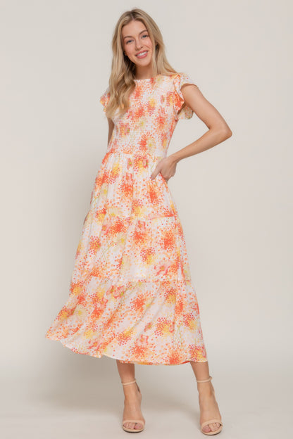 Ruffl Slv Smocked Floral Print Dresss - Tigbul's Variety Fashion Shop