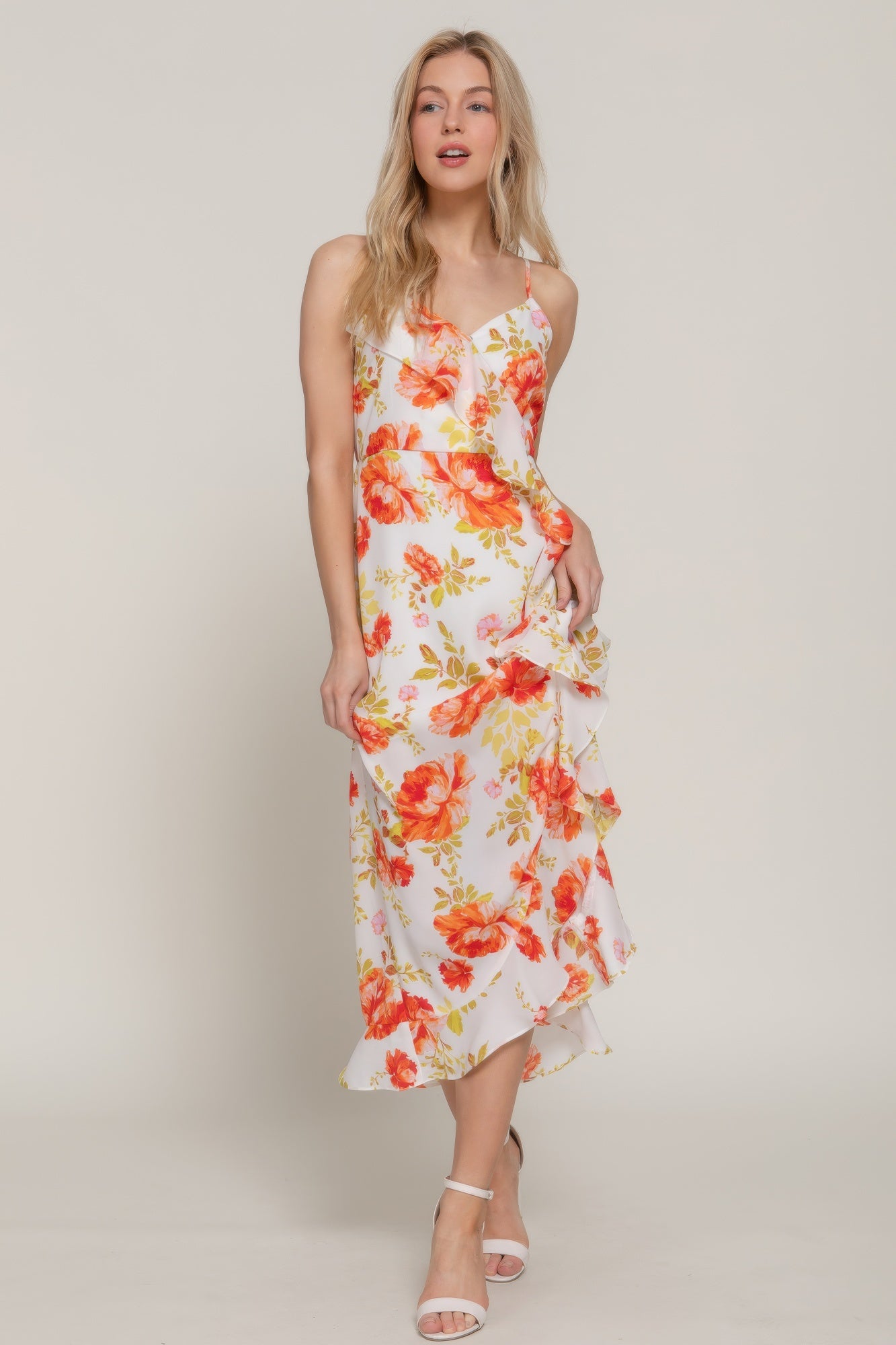 Floral Print Ruffle Slip Midi Dress - Tigbul's Variety Fashion Shop