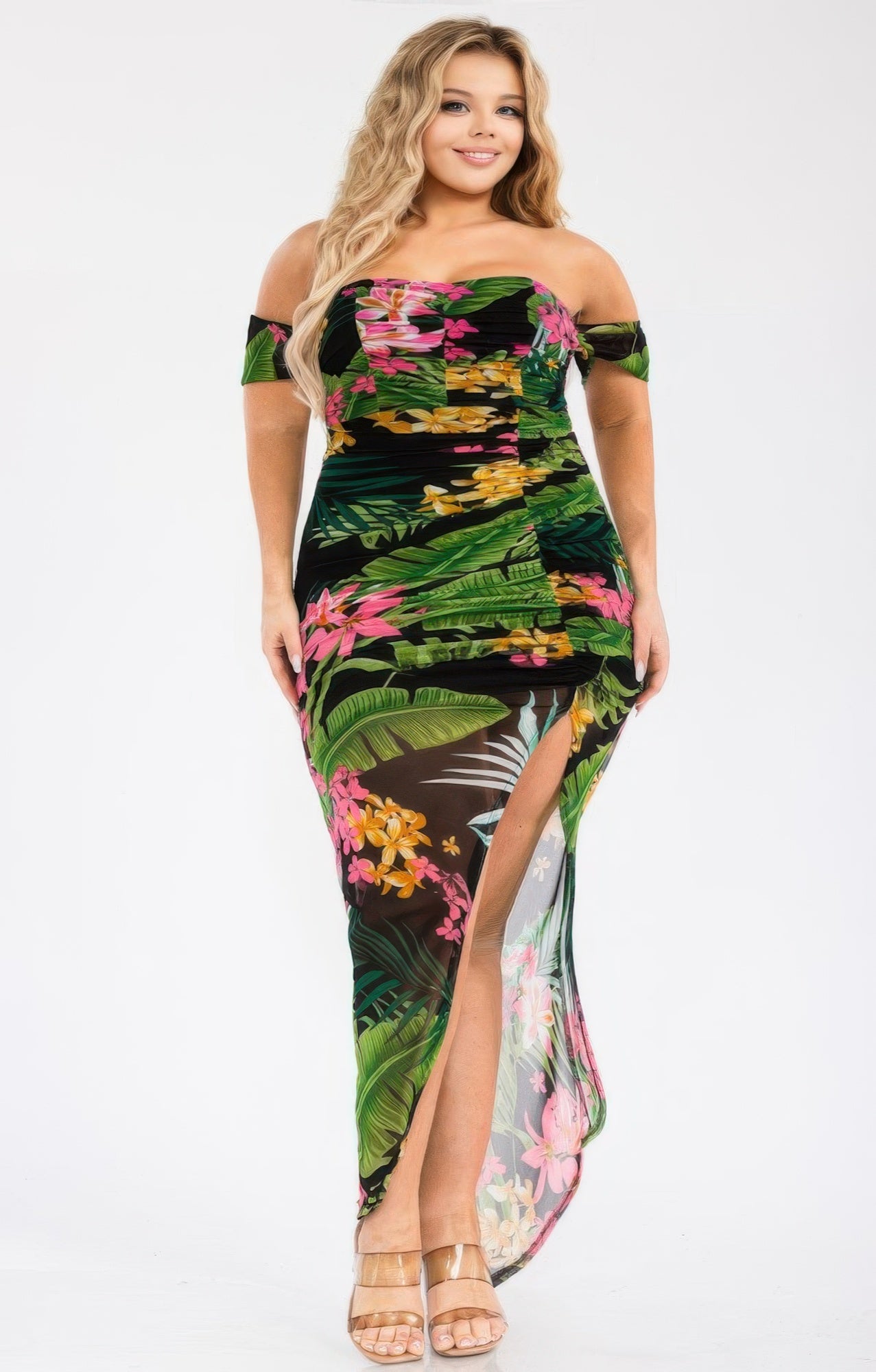 Tropical maxi dress with off-shoulder drape, floral leaf print and side slit