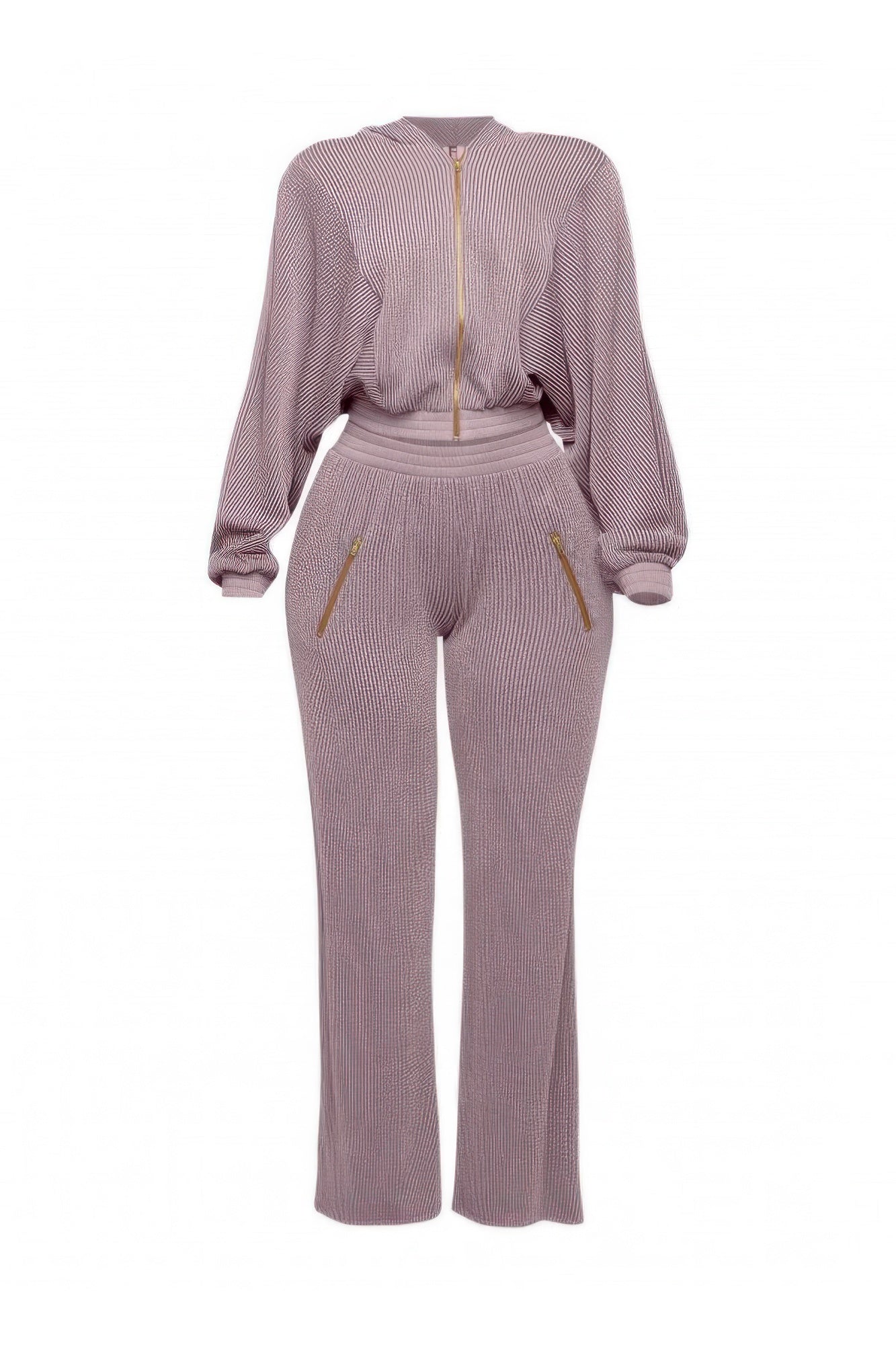 Mauve zip-up hoodie jacket set with hood and matching wide-leg pants