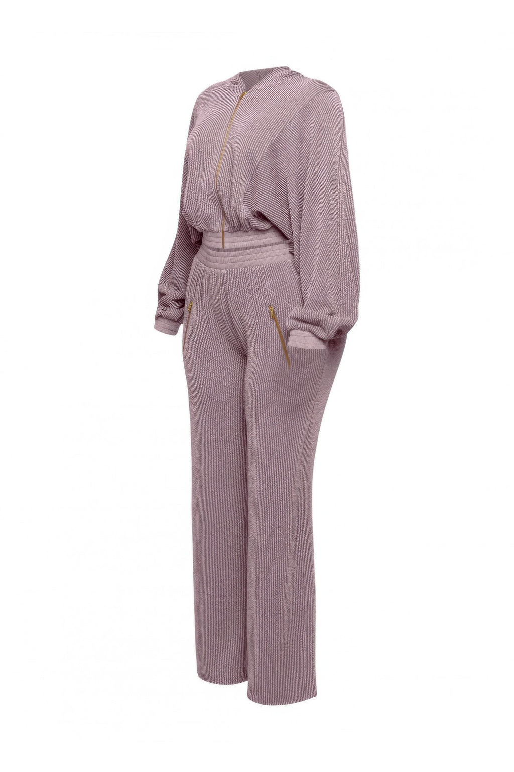 Mauve back view zip hoodie set with drawstring hood and matching pants