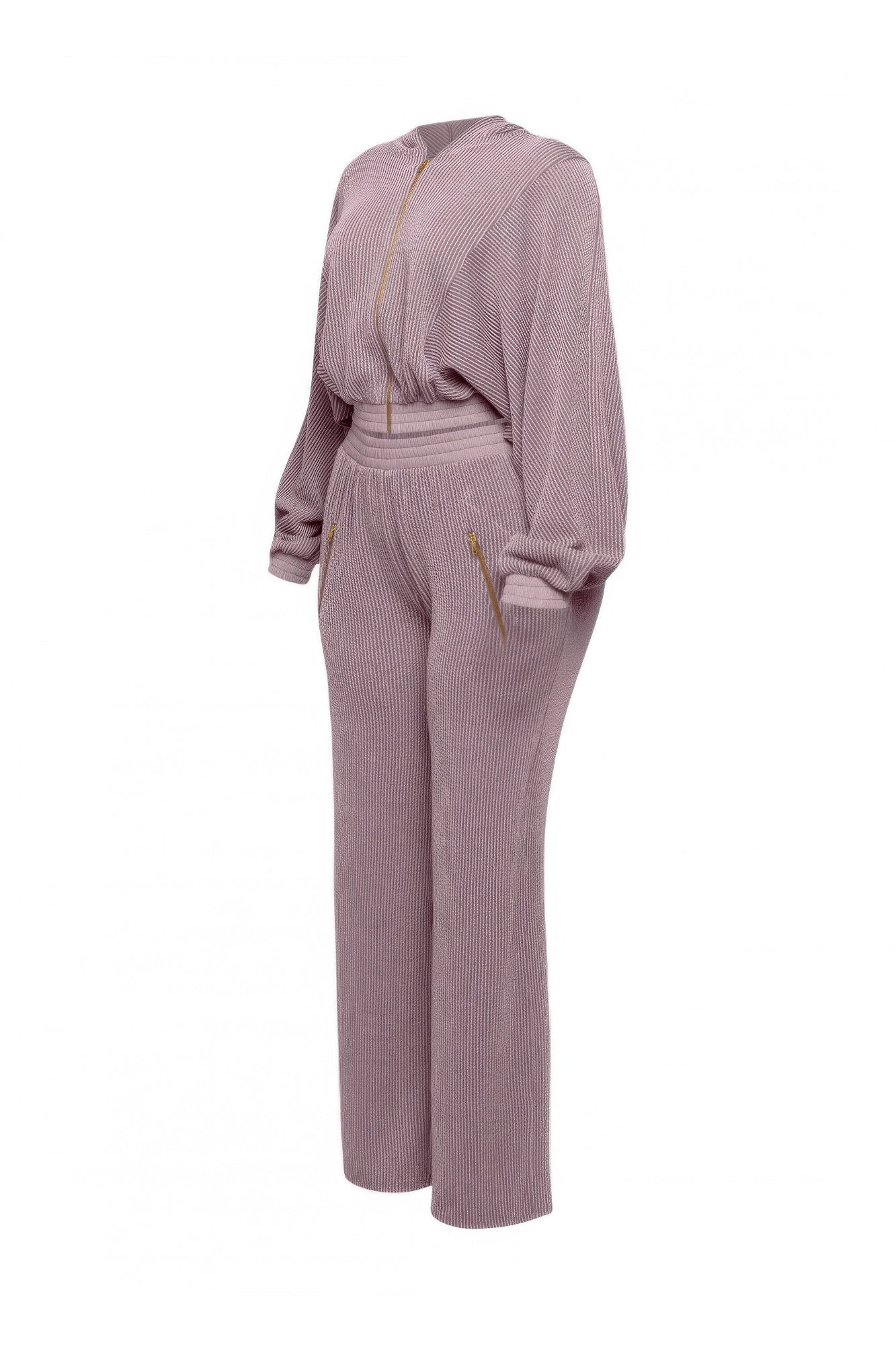 Mauve back view zip hoodie set with drawstring hood and matching pants