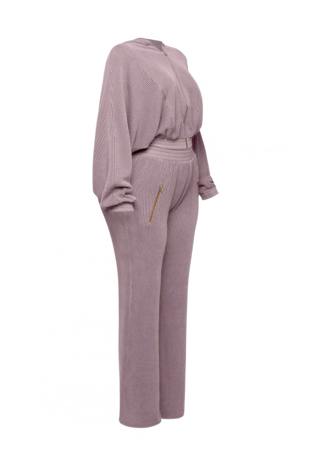 Mauve zip-up hoodie jacket set with slouch hood and straight wide-leg pants