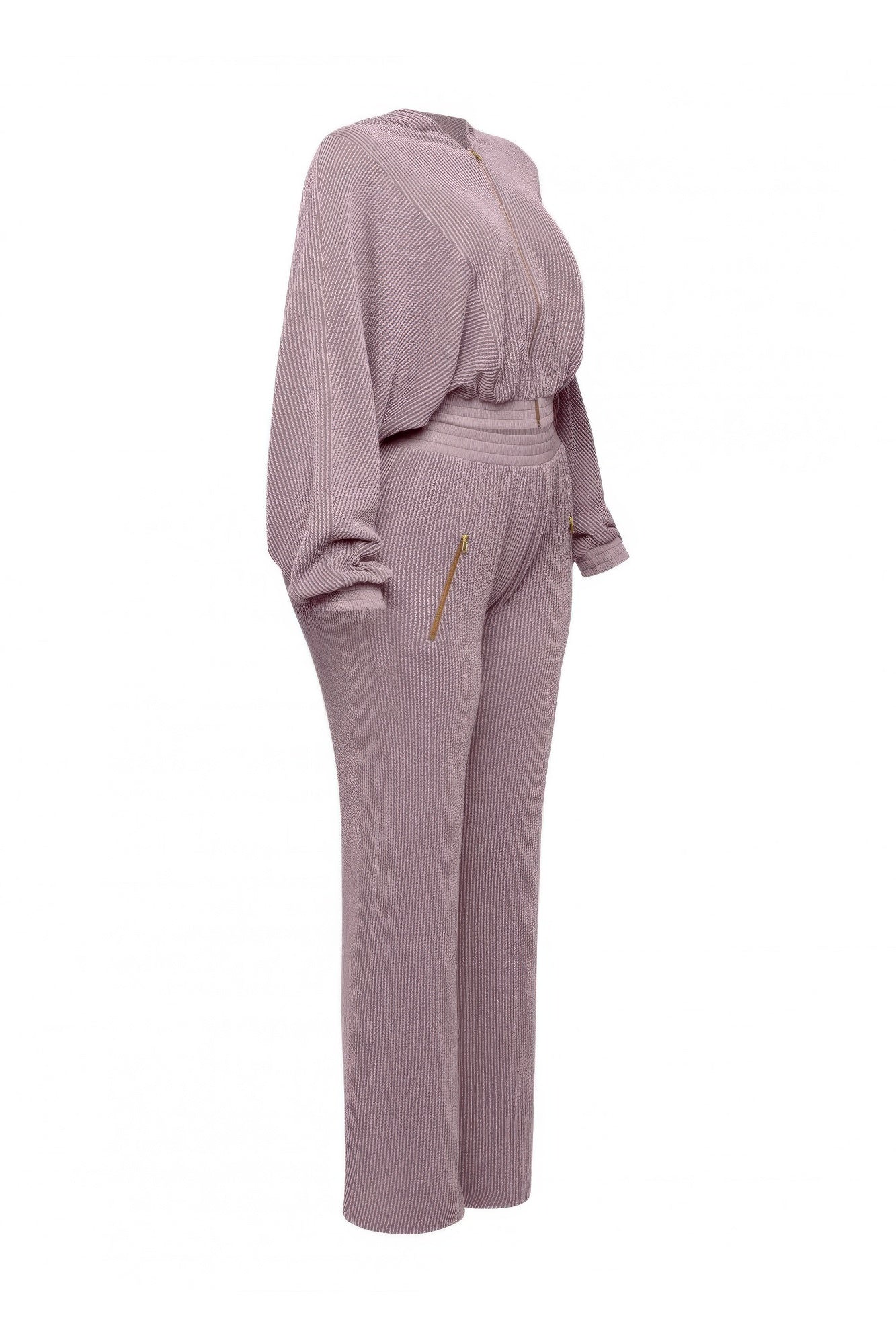 Mauve zip-up hoodie jacket set with slouch hood and straight wide-leg pants