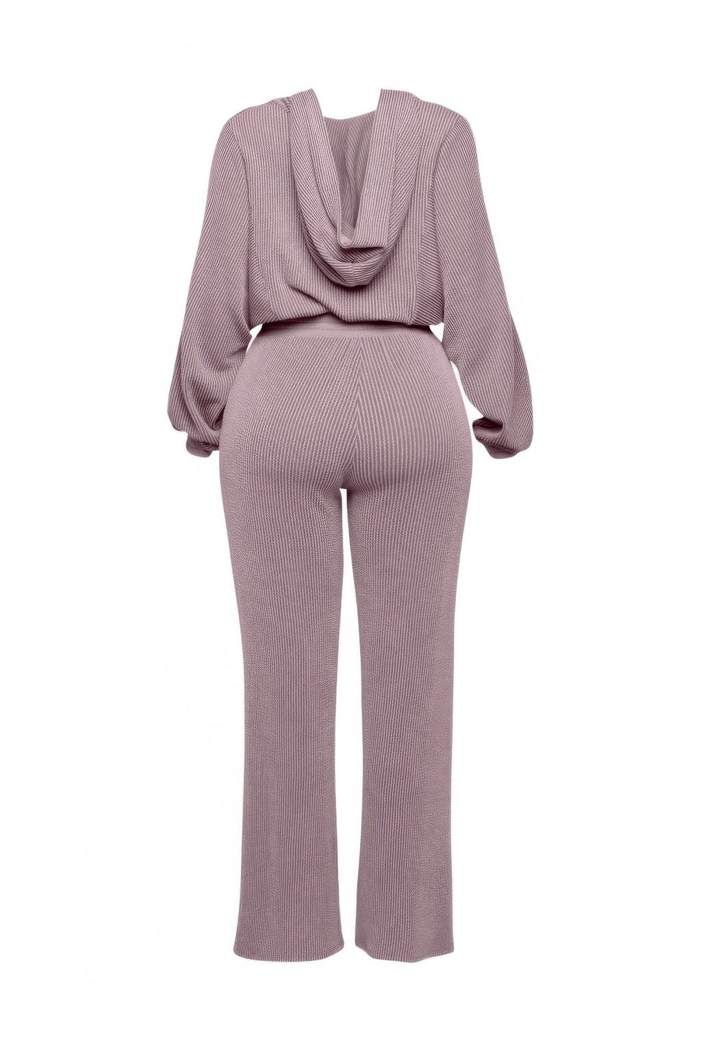 Mauve draped hood zip hoodie jacket set with flared pants and side pockets
