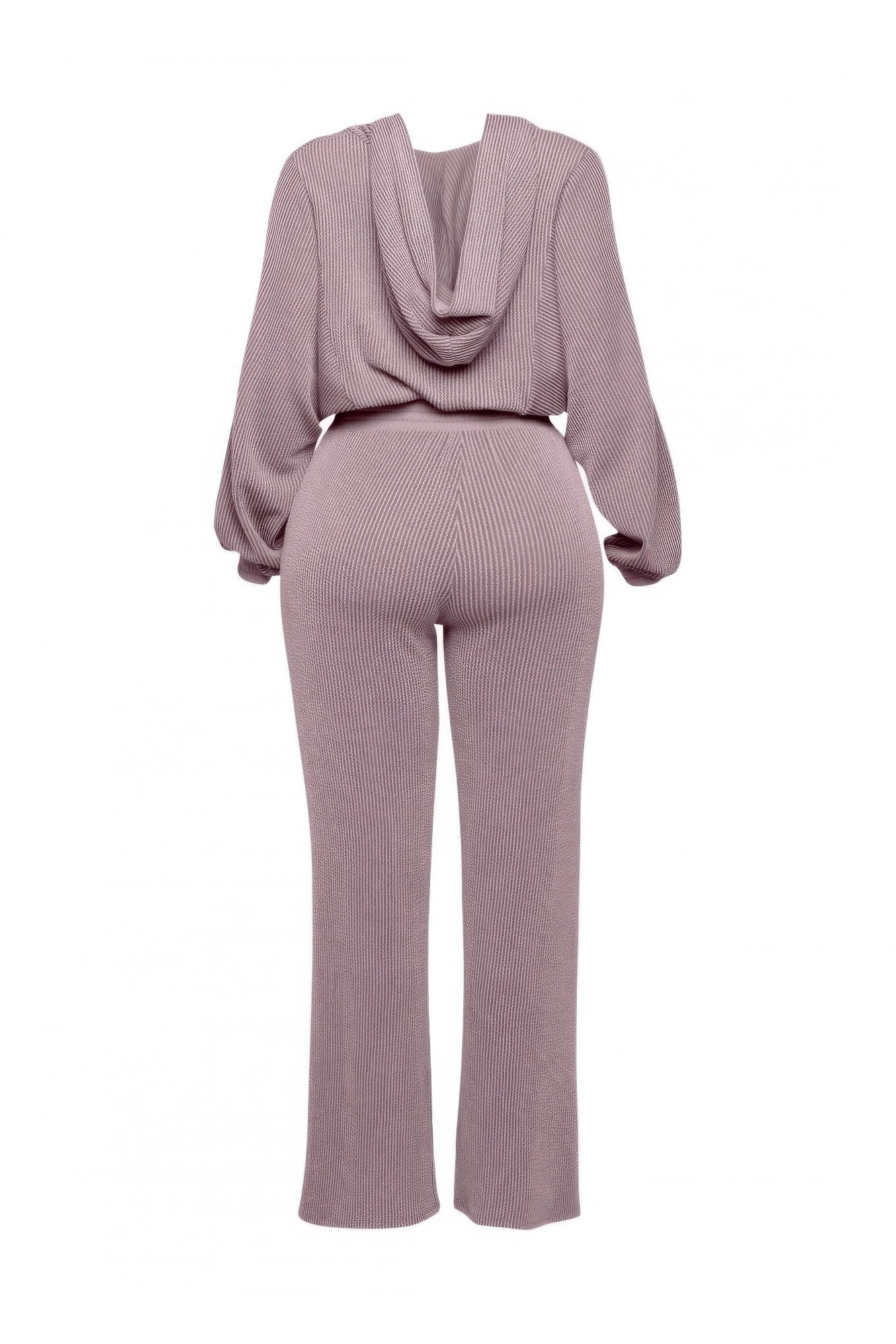 Mauve draped hood zip hoodie jacket set with flared pants and side pockets