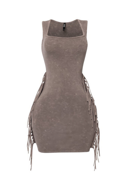 Mineral Washed Side Fringe Mini Dress - Tigbul's Variety Fashion Shop