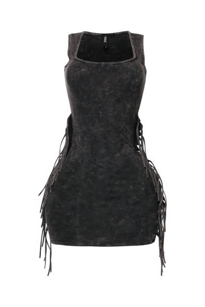Mineral Washed Side Fringe Mini Dress - Tigbul's Variety Fashion Shop