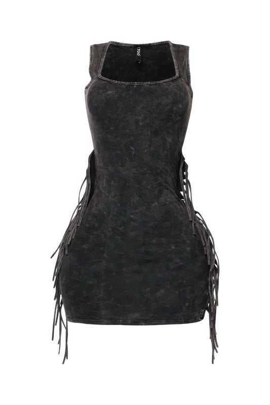 Mineral Washed Side Fringe Mini Dress - Tigbul's Variety Fashion Shop