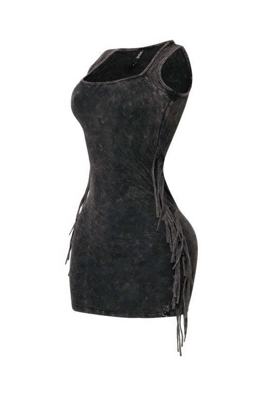 Mineral Washed Side Fringe Mini Dress - Tigbul's Variety Fashion Shop