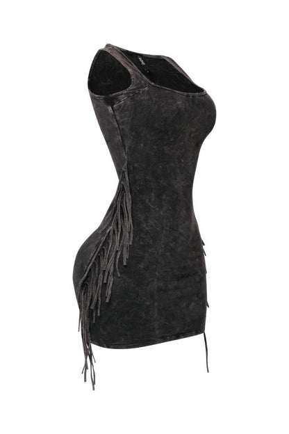 Mineral Washed Side Fringe Mini Dress - Tigbul's Variety Fashion Shop