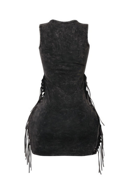 Mineral Washed Side Fringe Mini Dress - Tigbul's Variety Fashion Shop