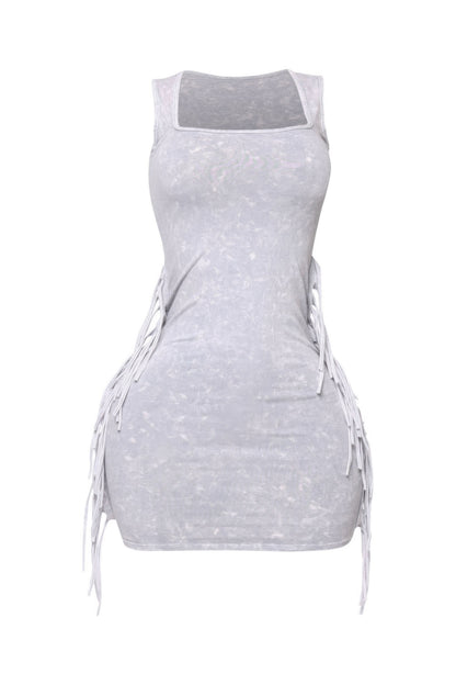 Mineral Washed Side Fringe Mini Dress - Tigbul's Variety Fashion Shop
