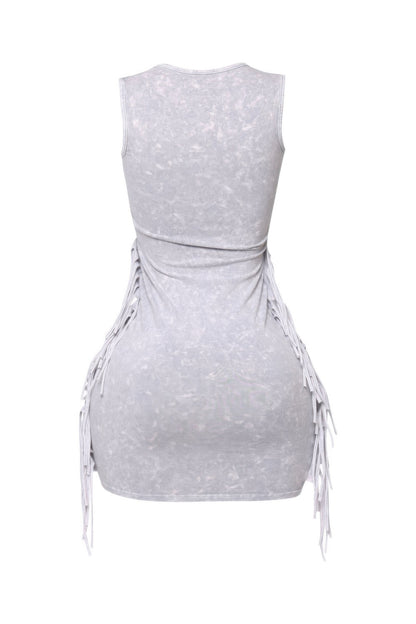 Mineral Washed Side Fringe Mini Dress - Tigbul's Variety Fashion Shop