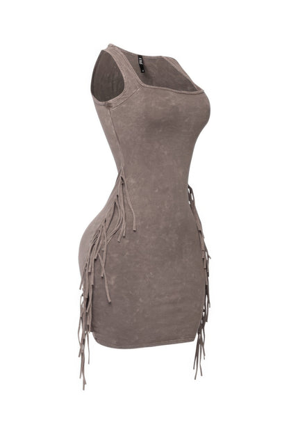 Mineral Washed Side Fringe Mini Dress - Tigbul's Variety Fashion Shop