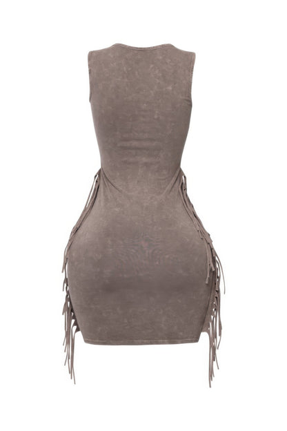 Mineral Washed Side Fringe Mini Dress - Tigbul's Variety Fashion Shop