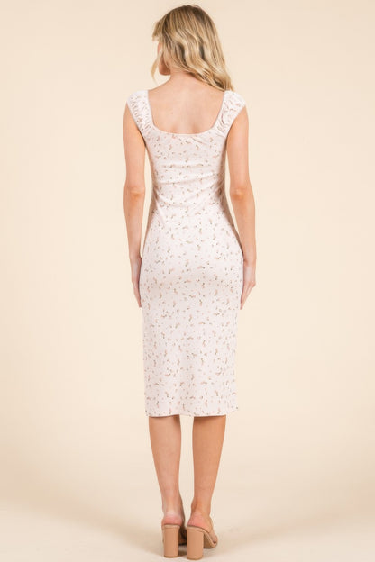 Cap Sleeve Shirred Printed Midi Dress W/ Side Slit - Tigbul's Variety Fashion Shop