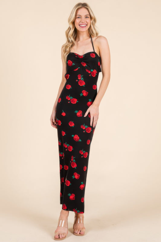 Sweet Heart Gathered Open Back Print Midi Dress - Tigbul's Variety Fashion Shop