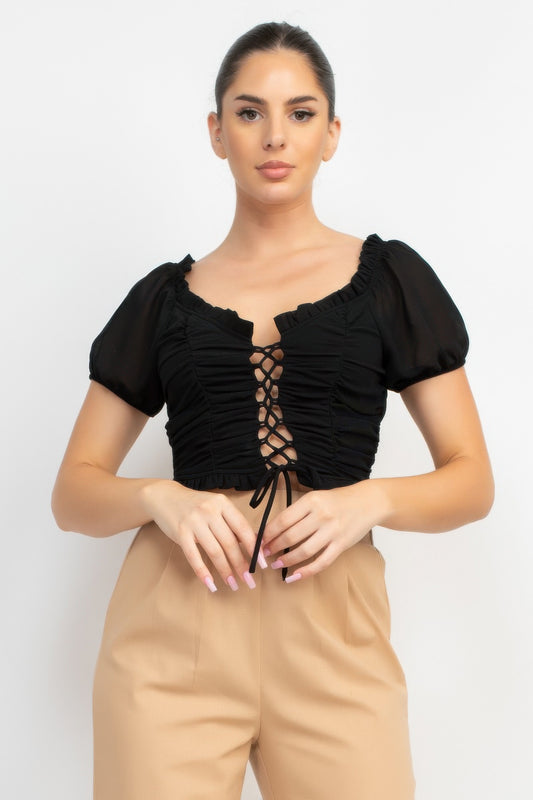 Back Shirred Ruffled Lace-up Crop Top - Tigbul's Variety Fashion Shop