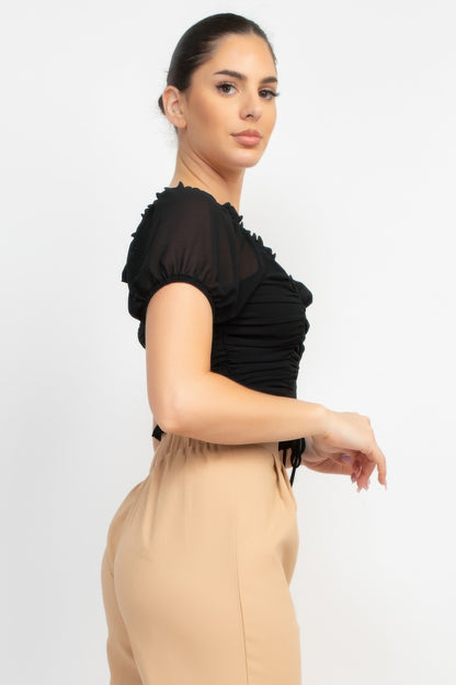 Back Shirred Ruffled Lace-up Crop Top - Tigbul's Variety Fashion Shop