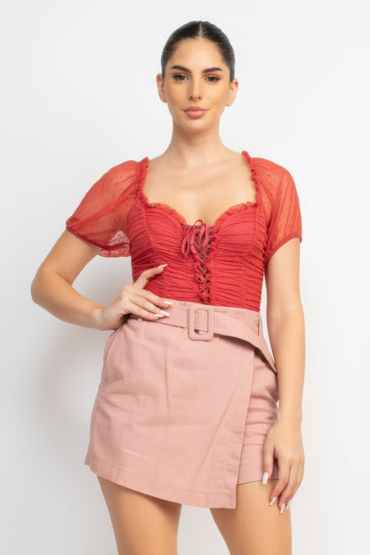 Shirred Mesh Sleeve Bodysuit - Tigbul's Variety Fashion Shop