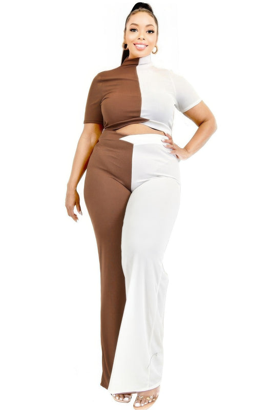 Plus Color Block Mock Neck 2 Piece Pants Set - Tigbul's Variety Fashion Shop