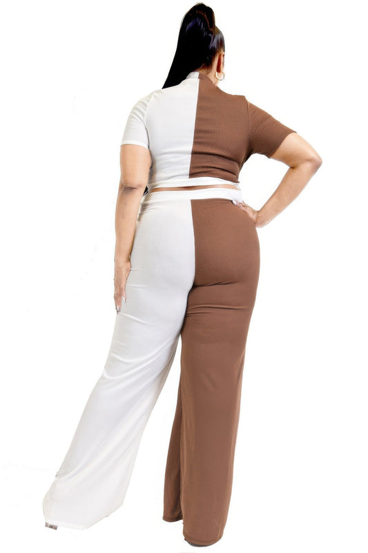 Plus Color Block Mock Neck 2 Piece Pants Set - Tigbul's Variety Fashion Shop