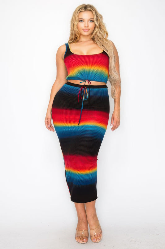 Plus Sleeveless Tie Dye Stripe 2 Piece Skirt Set - Tigbul's Variety Fashion Shop