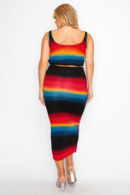 Plus Sleeveless Tie Dye Stripe 2 Piece Skirt Set - Tigbul's Variety Fashion Shop