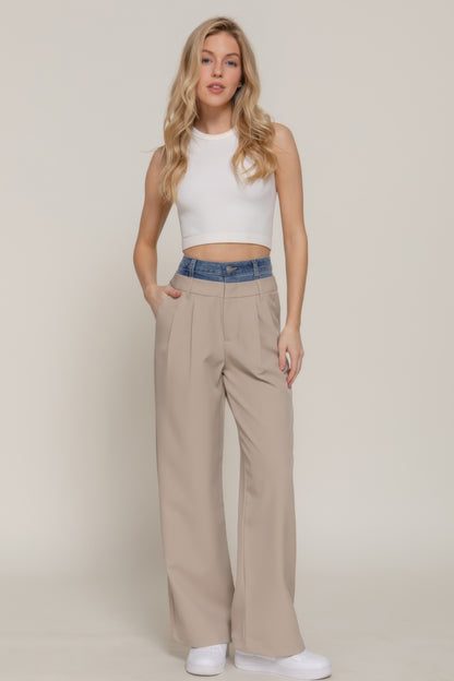 Contrast Denim Waist Straight Long Pants - Tigbul's Variety Fashion Shop