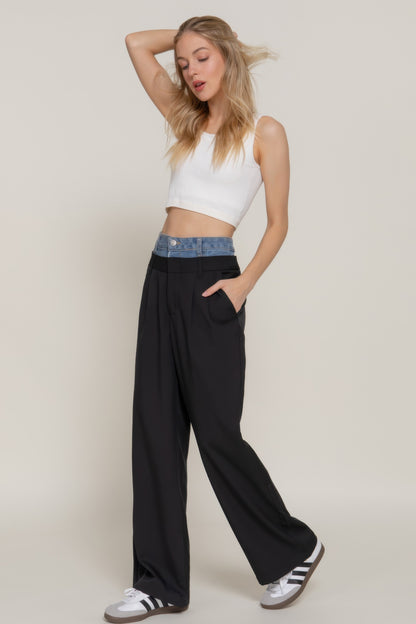 Contrast Denim Waist Straight Long Pants - Tigbul's Variety Fashion Shop
